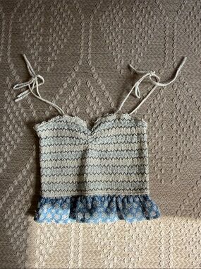 Storia Cream Smocked Tie-Strap with Blue Floral Ruffle